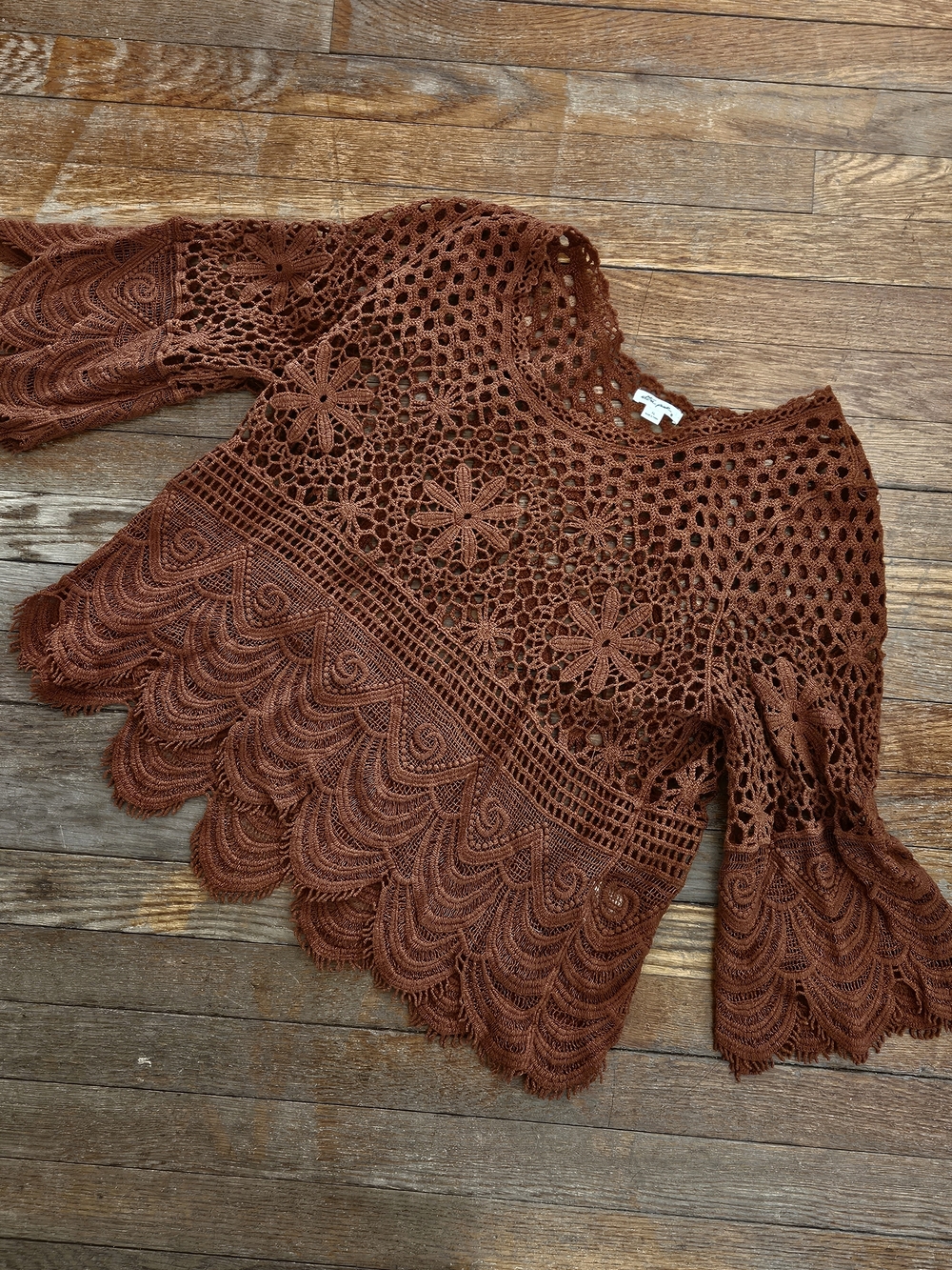 Ultra Pink Brown Crochet Lace Bell Sleeve Top